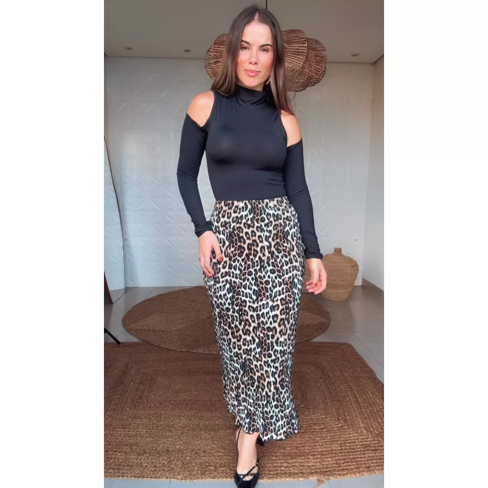 Saia Reta Plissada Bela Onça Estampado