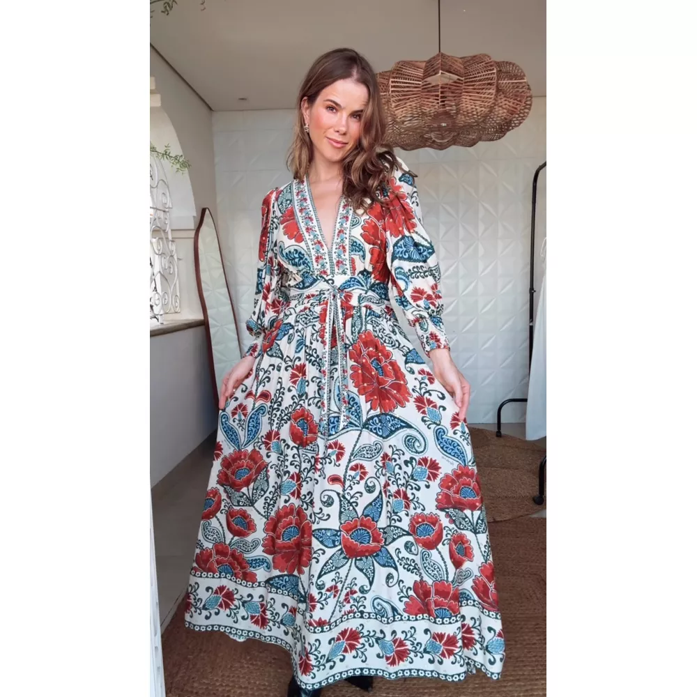 Vestido Longo Manga Francisca Estampado