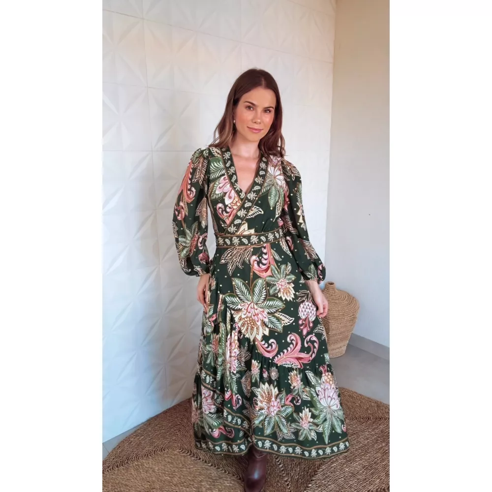 Vestido Longo Manga Floral Delhi Estampado