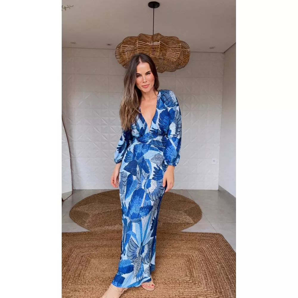 Vestido Longo Manga Festa De Pássaro Estampado