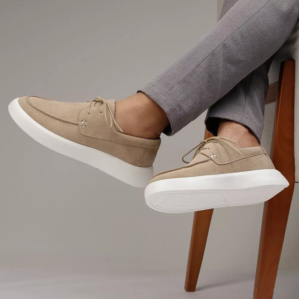 Sapato Masculino Dockside Cadarço Couro Legítimo Camurça Bege Sola