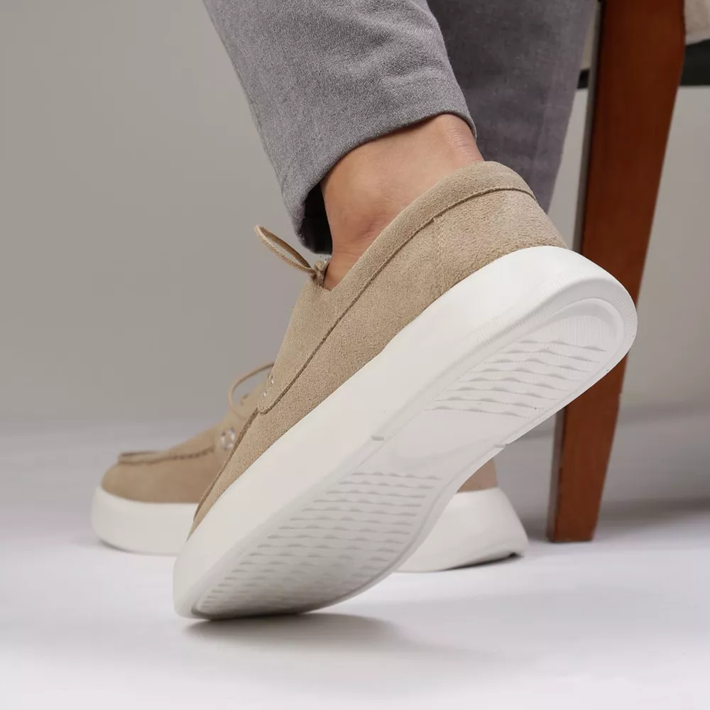 Sapato Masculino Dockside Cadarço Couro Legítimo Camurça Bege Sola