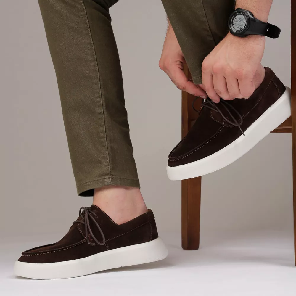 Sapato Masculino Dockside Cadarço Couro Legítimo Camurça Café Sola