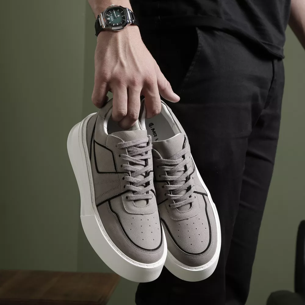 Sneaker Tênis Casual Estiloso Cadarço Selaria Cinza Nobuck Selaria