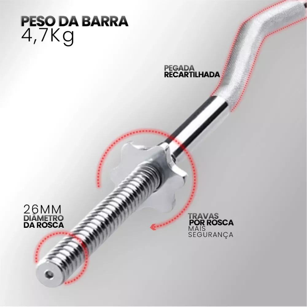Barra W Musculação Maciça e Cromada com Rosca 120cm - Consport 