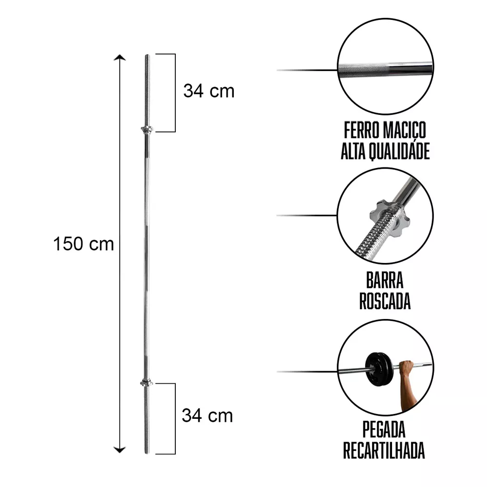 Barra de Musculação Reta Com Rosca Maciça Recartilhada 150 cm - Consport 