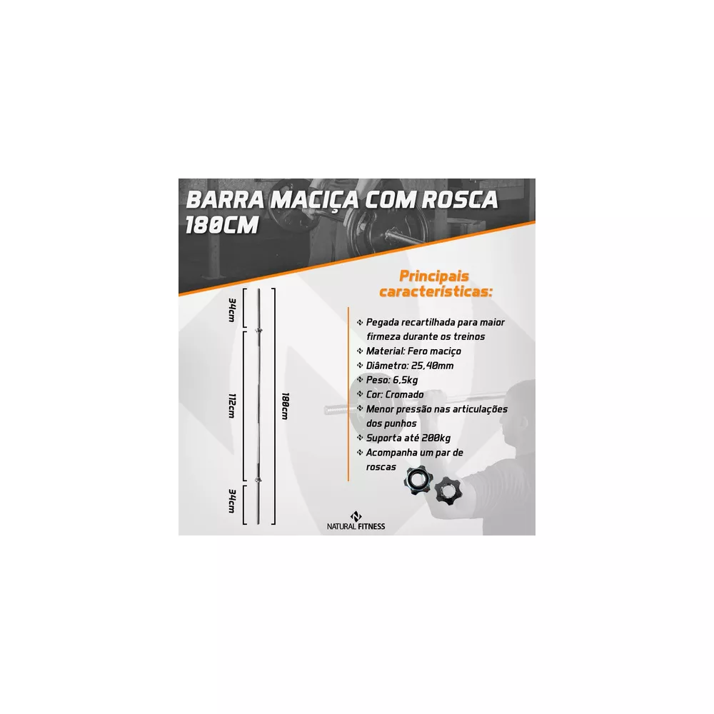 Barra de Musculação Reta Com Rosca Maciça Recartilhada 180 cm - Consport 