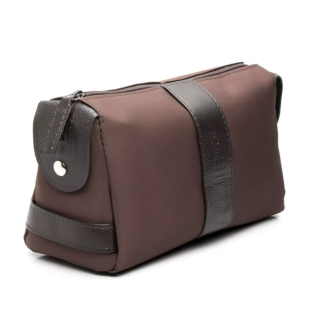 Necessaire Masculina em Nylon com Detalhe em Couro Café