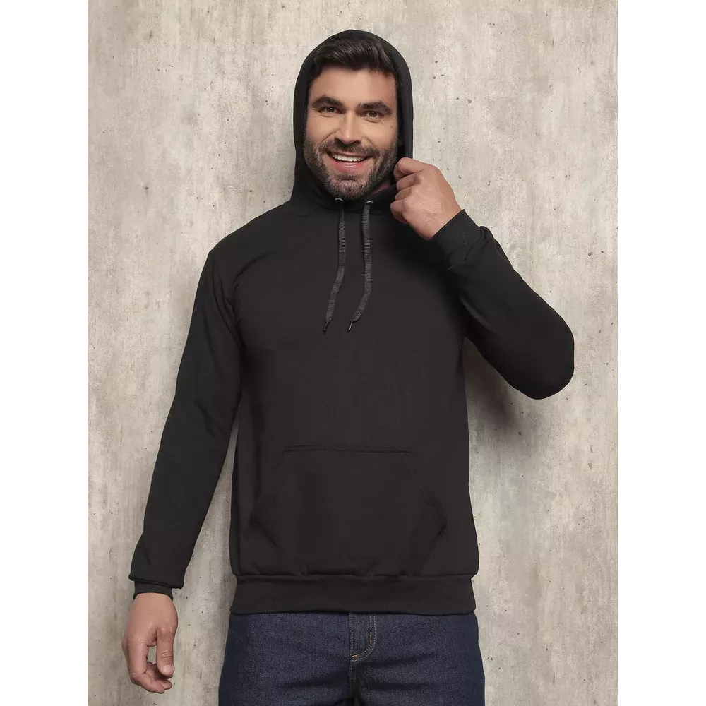 Moletom Liso Canguru Blusa De Frio Com Capuz Flanelado - Preto