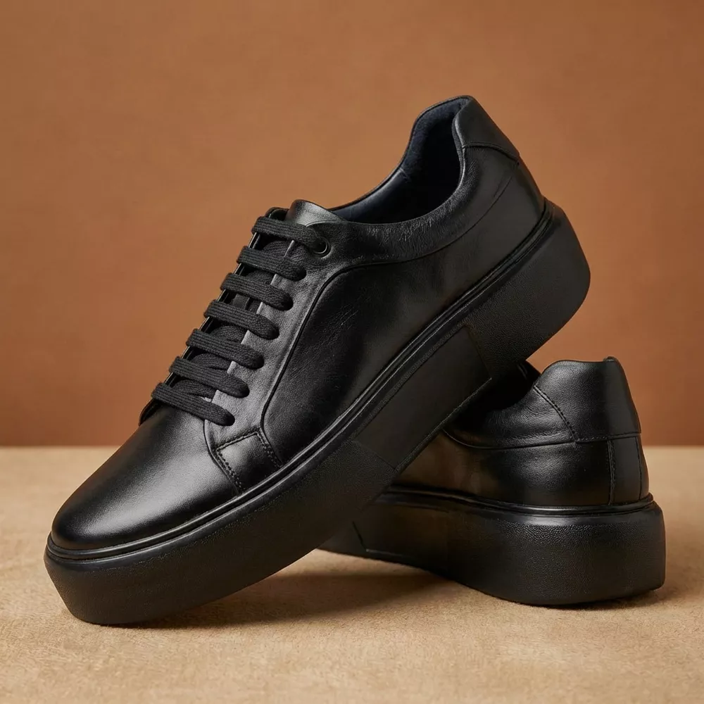 Sneaker Tênis Urbano Masculino Couro Legítmo All Black Everest