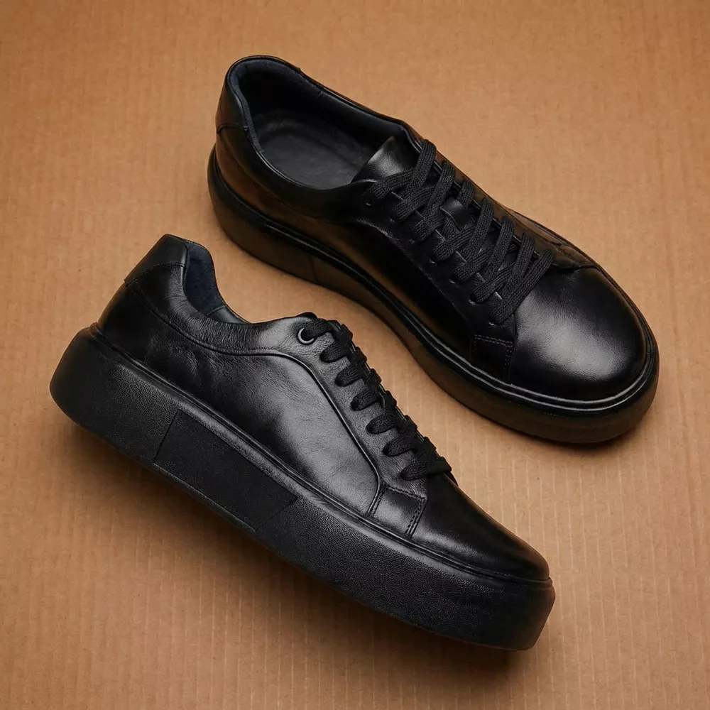 Sneaker Tênis Urbano Masculino Couro Legítmo All Black Everest