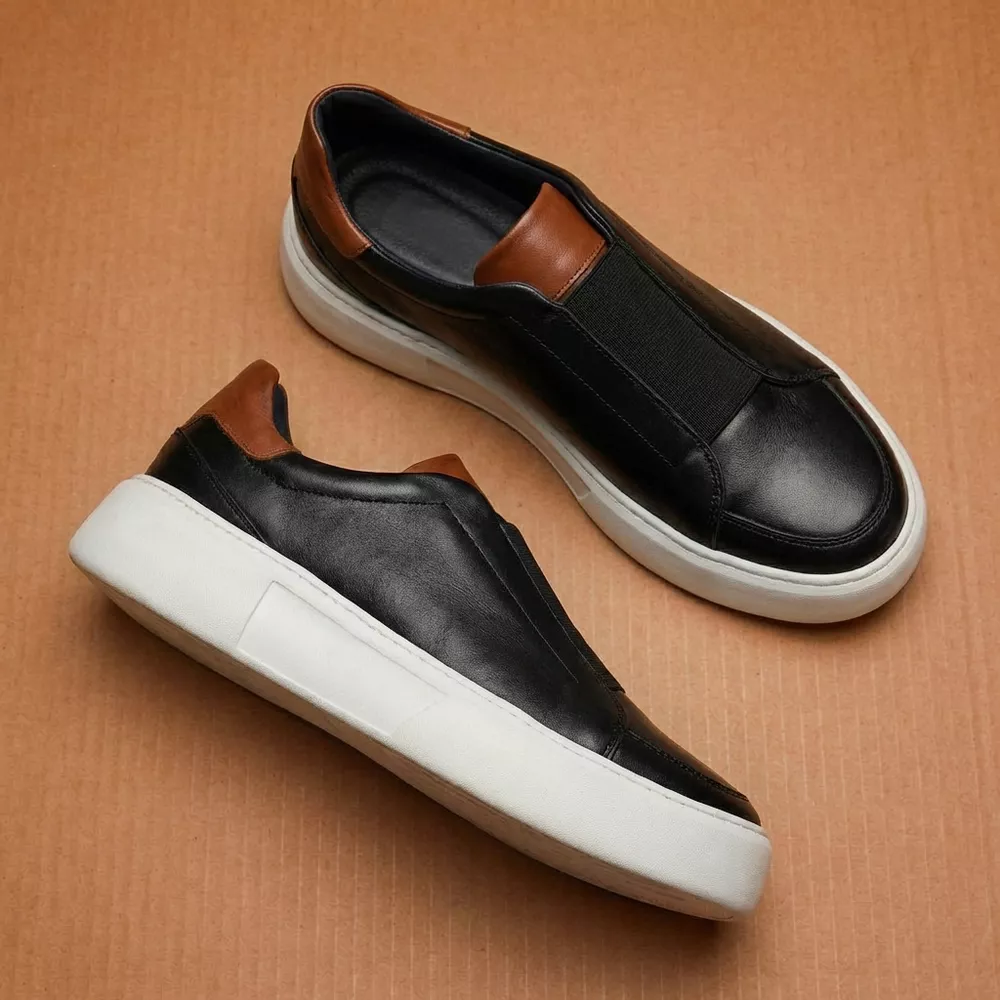 Sapato Sneaker Masculino Elástico Couro Legítimo Comfort Preto