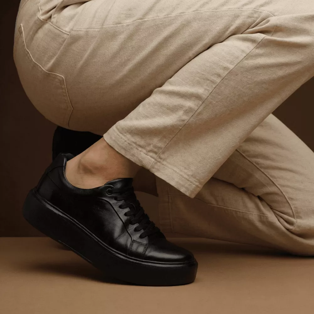 Sneaker Tênis Urbano Masculino Couro Legítmo All Black Everest