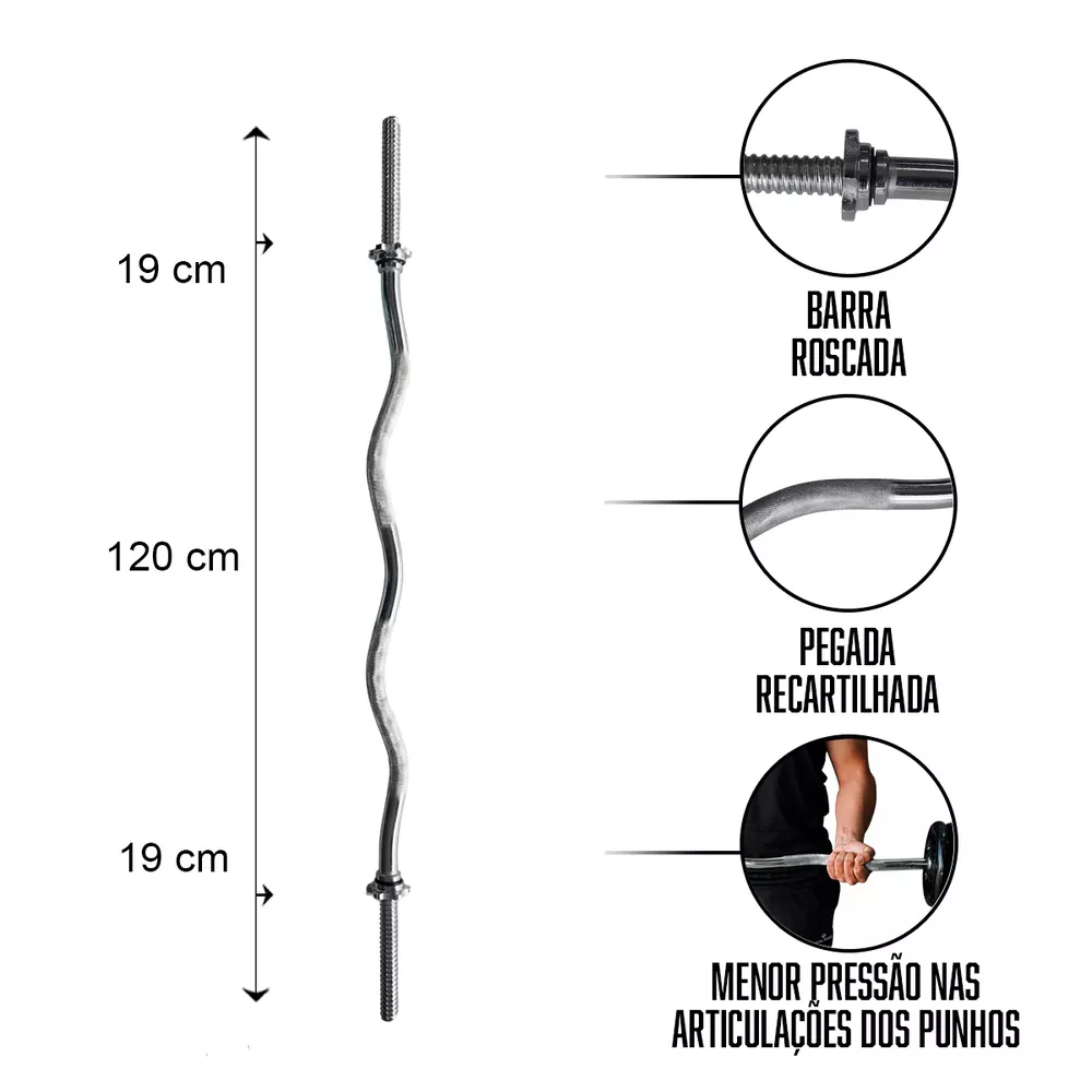Barra W Musculação Maciça e Cromada com Rosca - 120cm