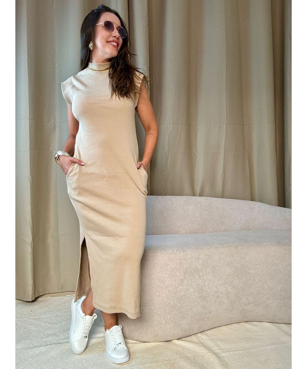 Vestido Canelado Muscle Tee Areia - Lilita Concept