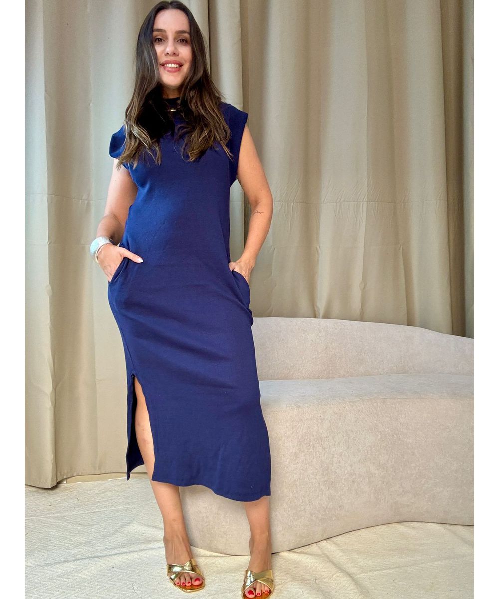 Vestido Canelado Muscle Tee Azul Marinho - Lilita Concept