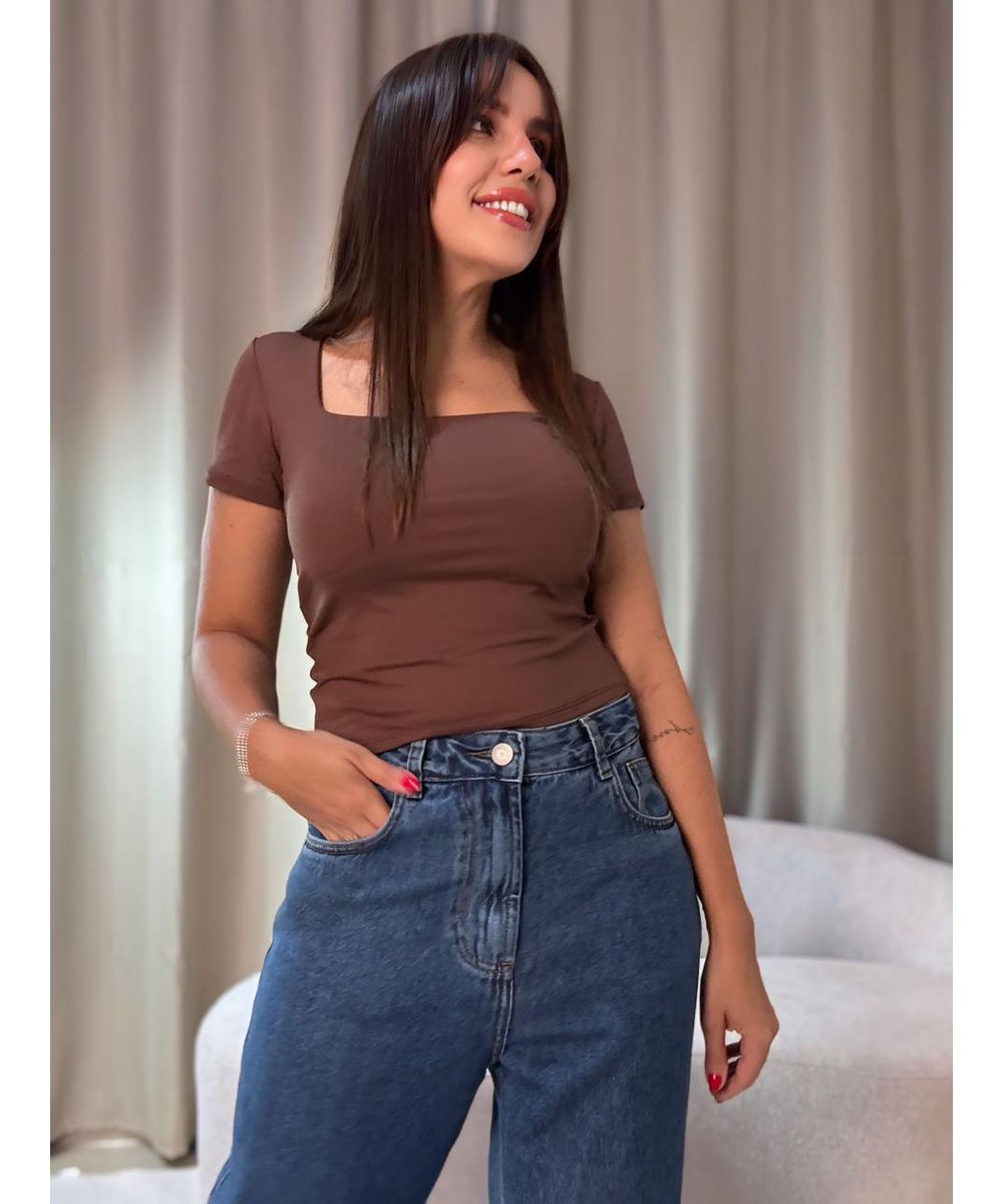 Blusa Manguinha Poliamida Marrom - Lilita Concept