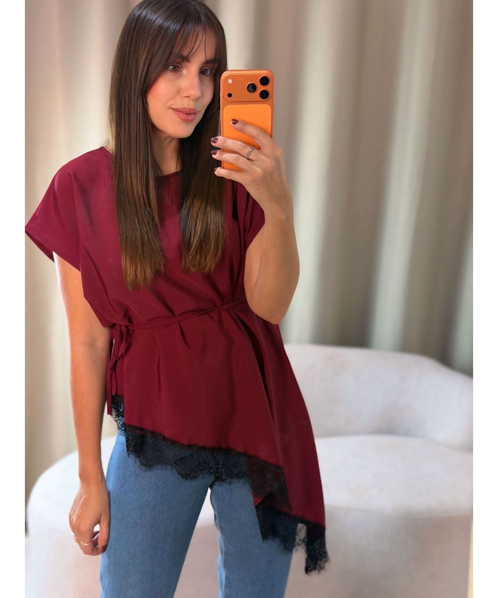 Blusa Manguinha Renda Bordo - Lilita Concept