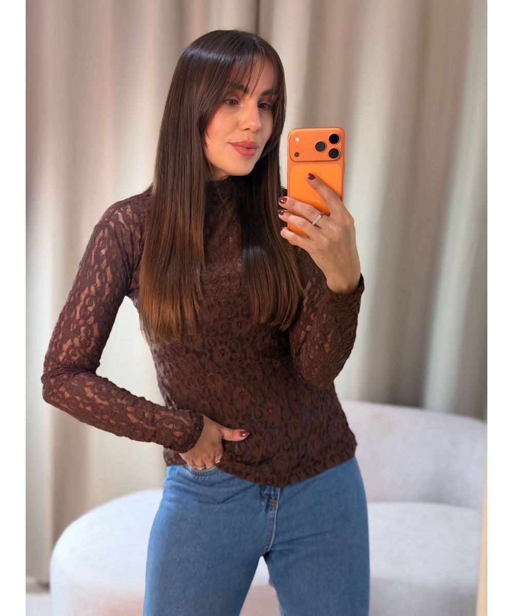 Blusa Manga Longa Renda Marrom Chocolate - Lilita Concept
