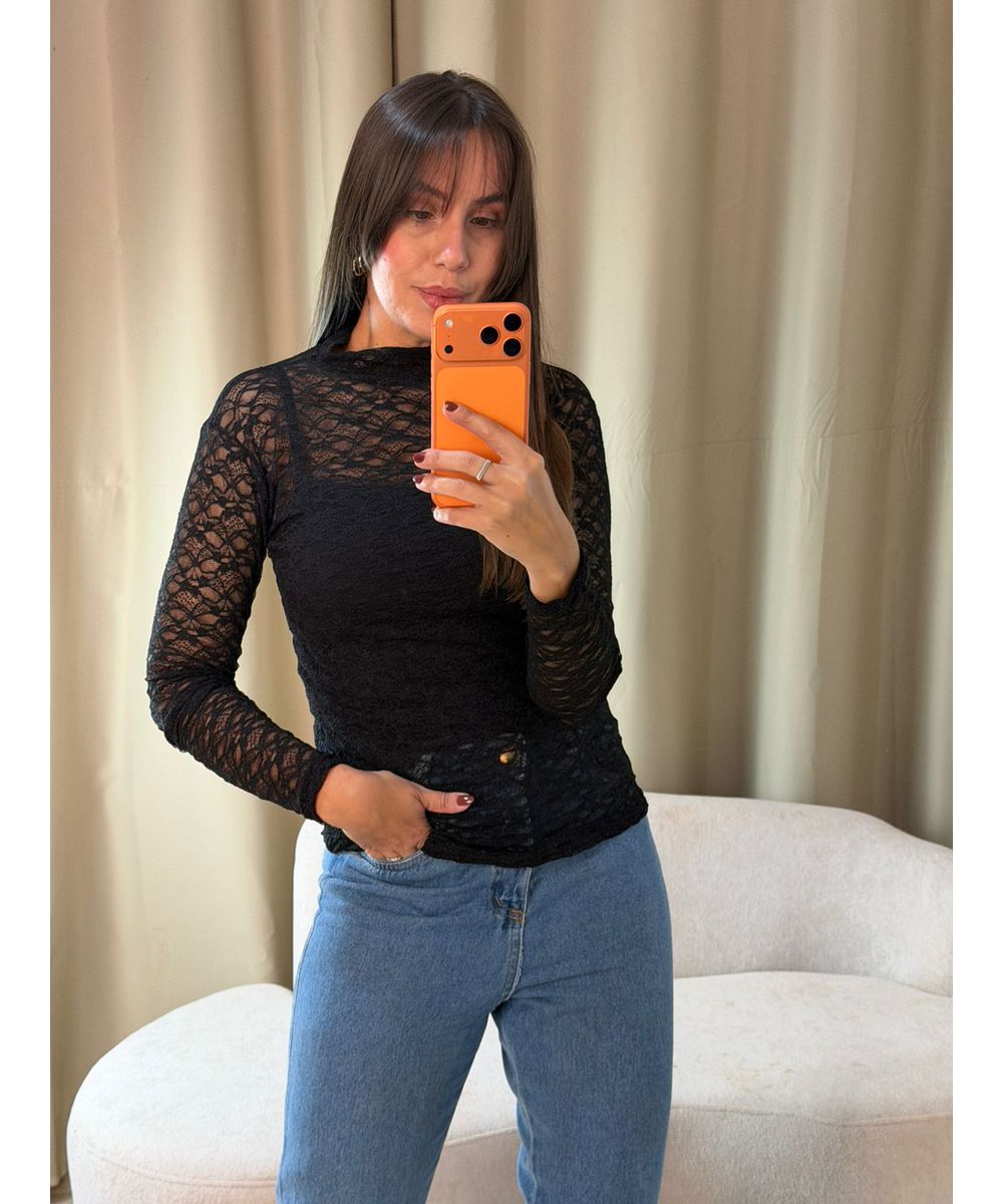Blusa Manga Longa Renda Preta - Lilita Concept