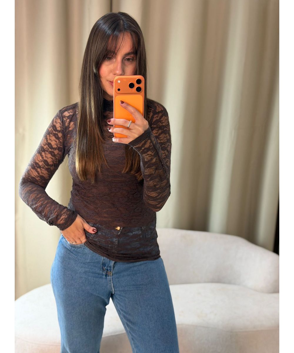 Blusa Manga Longa Renda Marrom Café - Lilita Concept