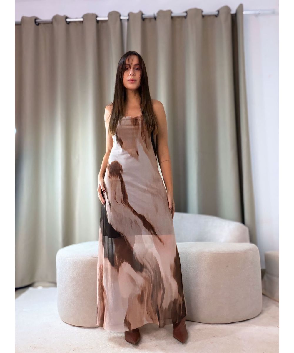 Vestido Alça Tule Marrom Estampado - Lilita Concept