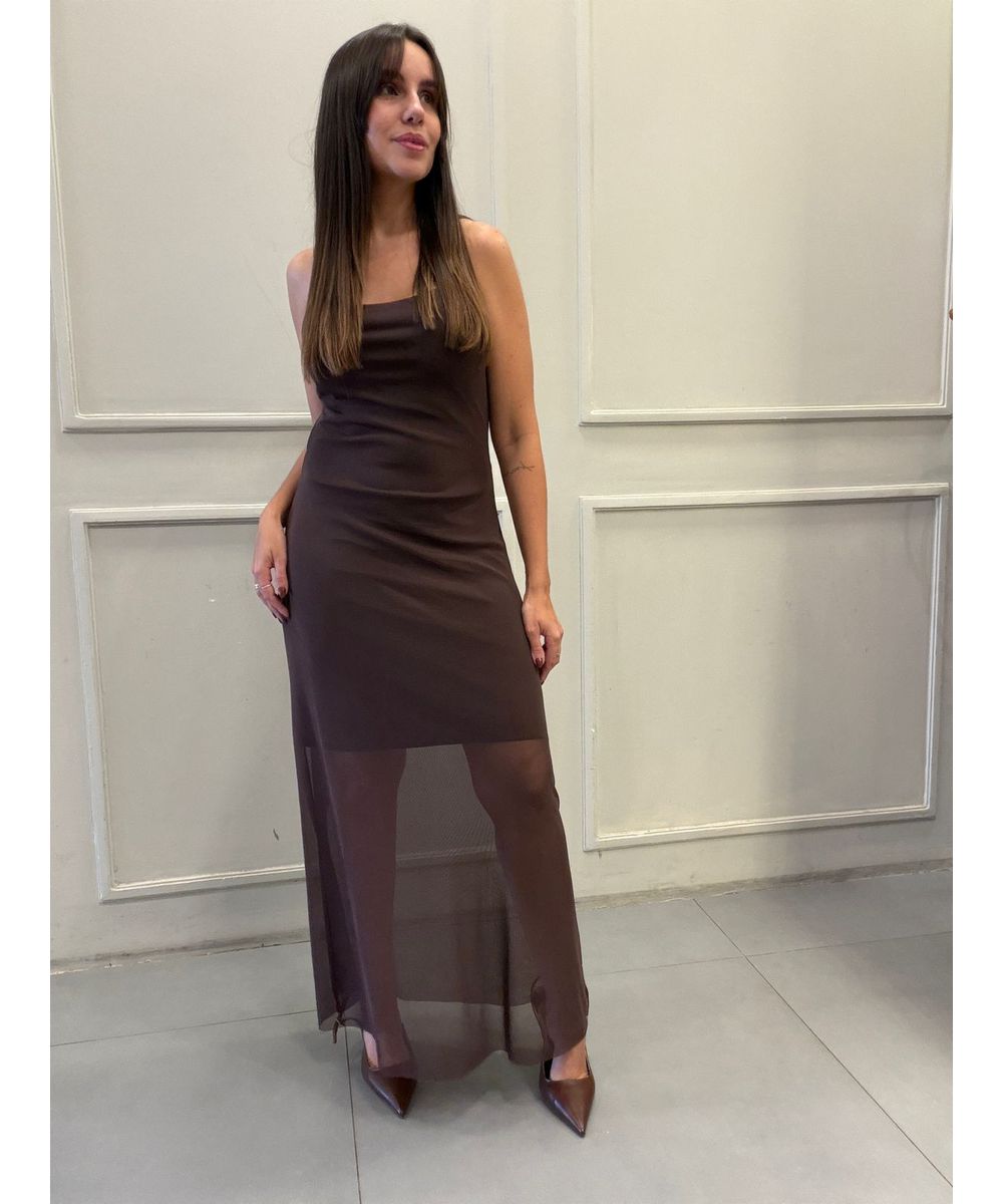 Vestido Alça Tule Marrom - Lilita Concept