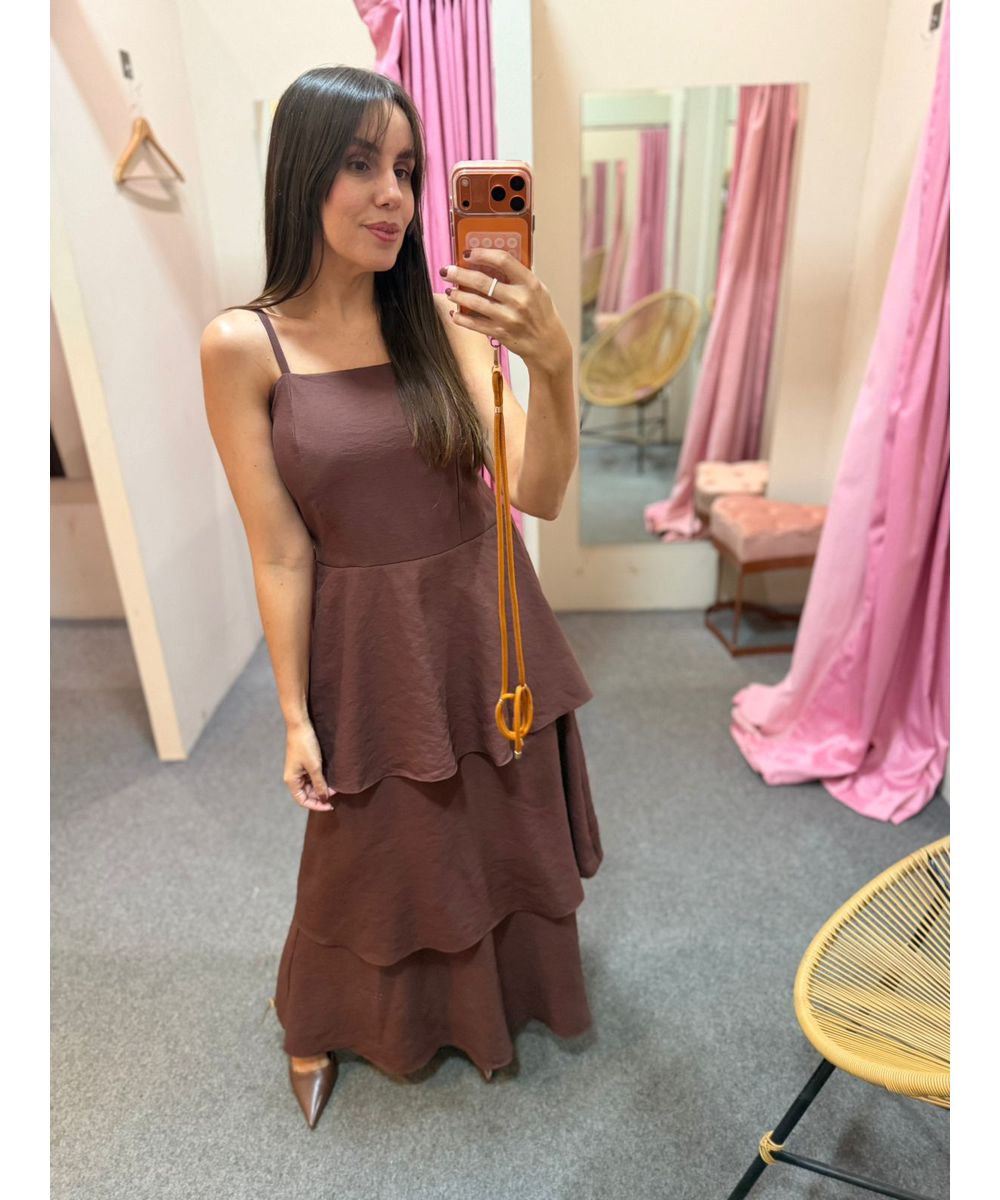 Vestido Alça Babados Marrom - Lilita Concept