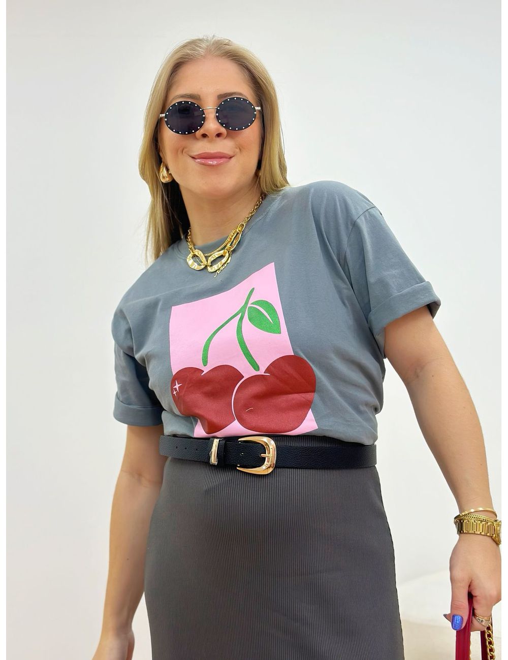 T-Shirt Cherry Love Cinza - Ana G Store