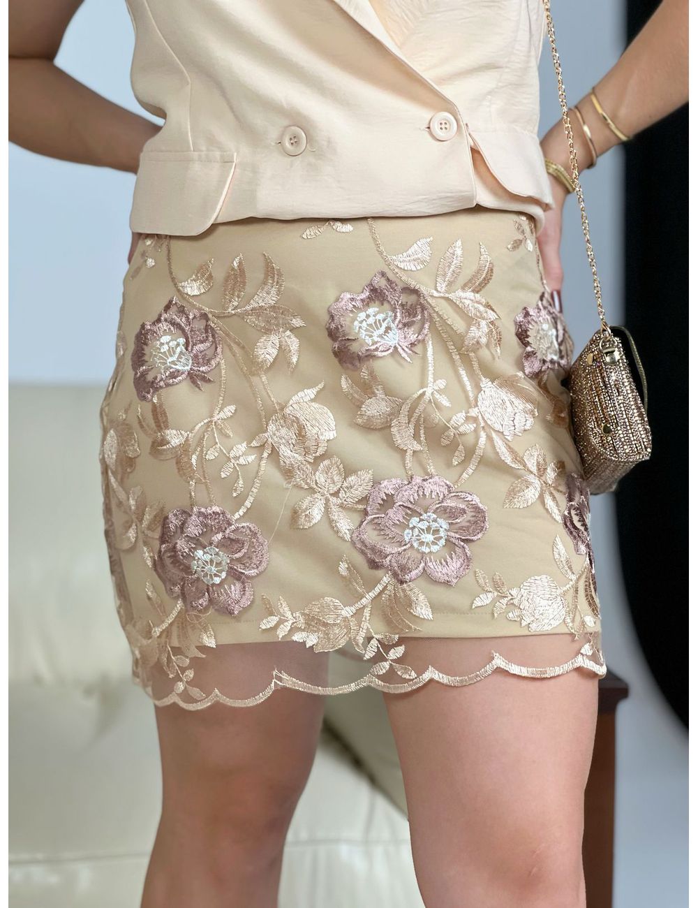 Saia Tule Bordado Bege - Ana G Store