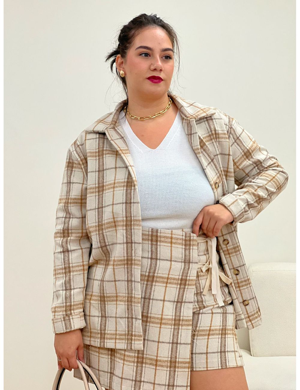 Camisa Flanelada Xadrez - Bege - Ana G Store