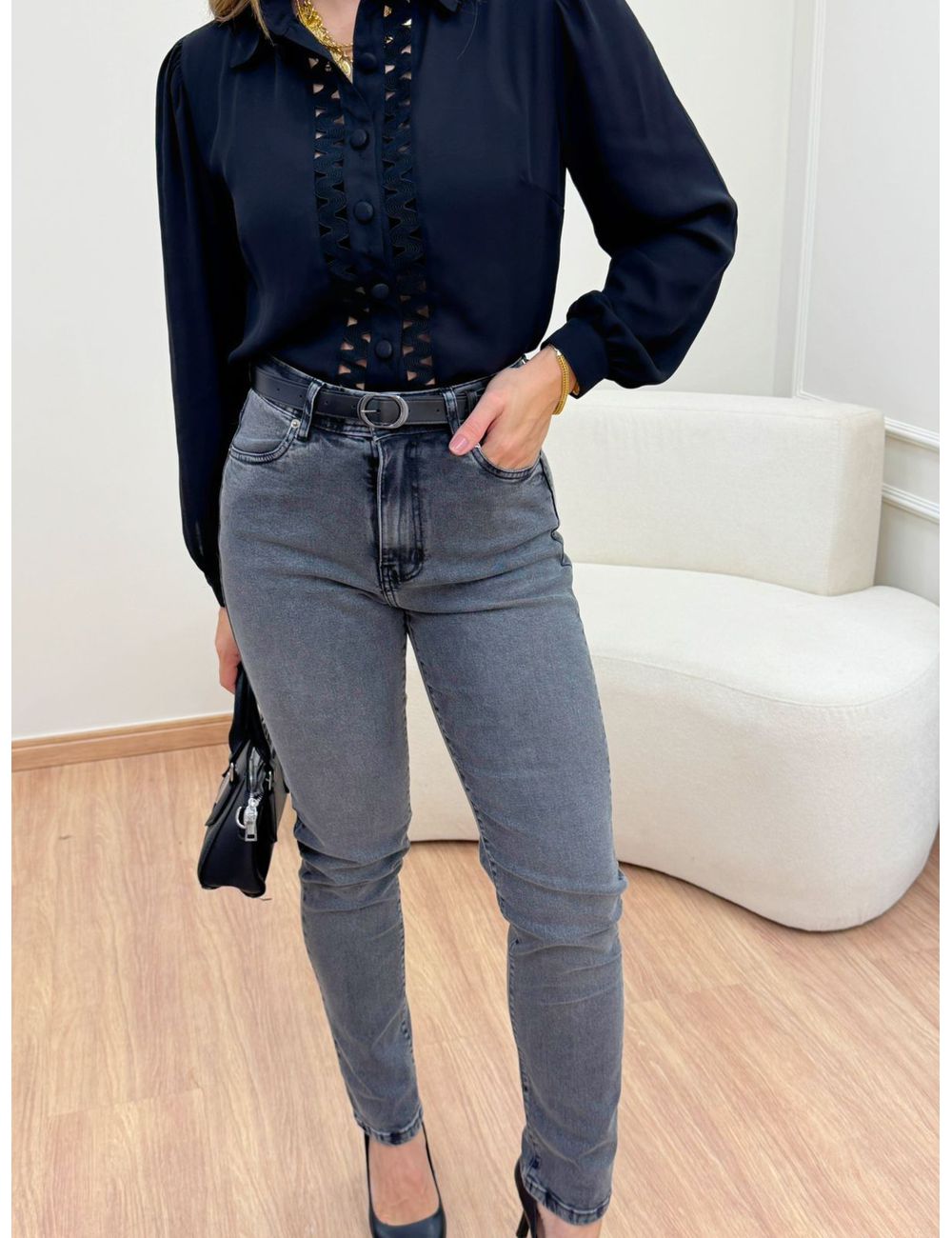 Calça Mom Black Com Cinto Jeans Preto - Ana G Store