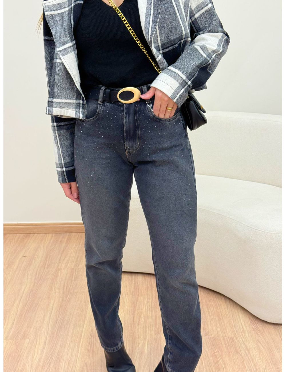 Calça Reta Com Aplicação Jeans Preto - Ana G Store