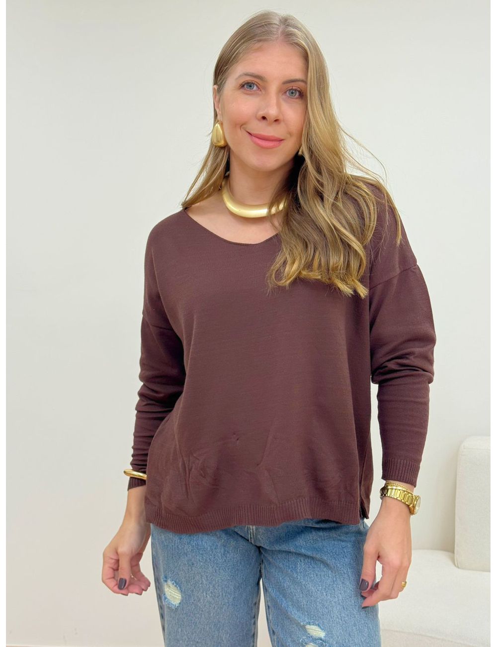 Blusa Poliana Manga Longa Marrom - Ana G Store