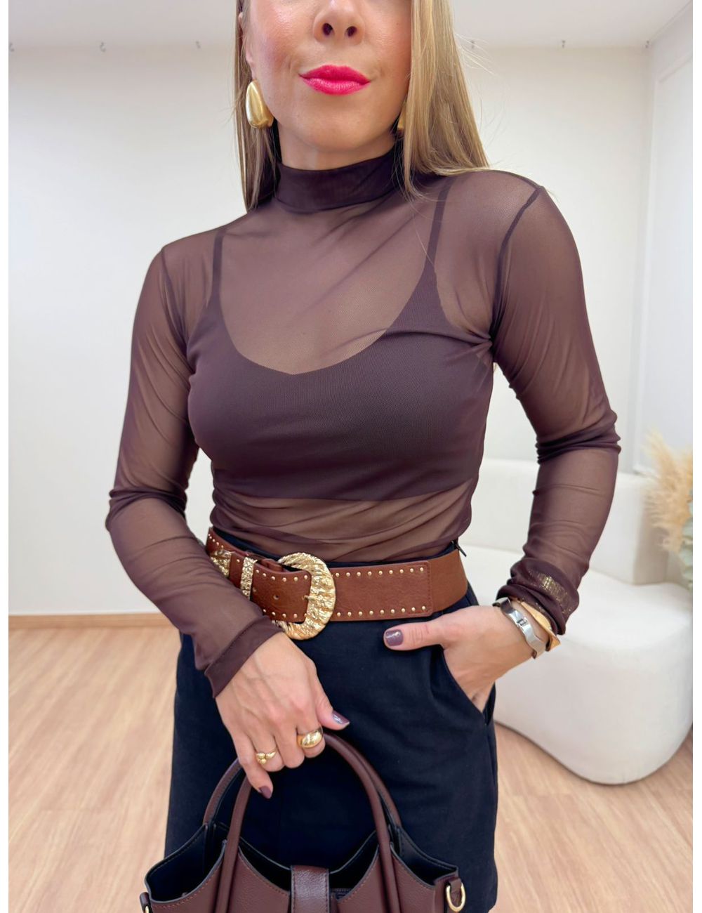 Blusa Tule Gola Marrom - Ana G Store