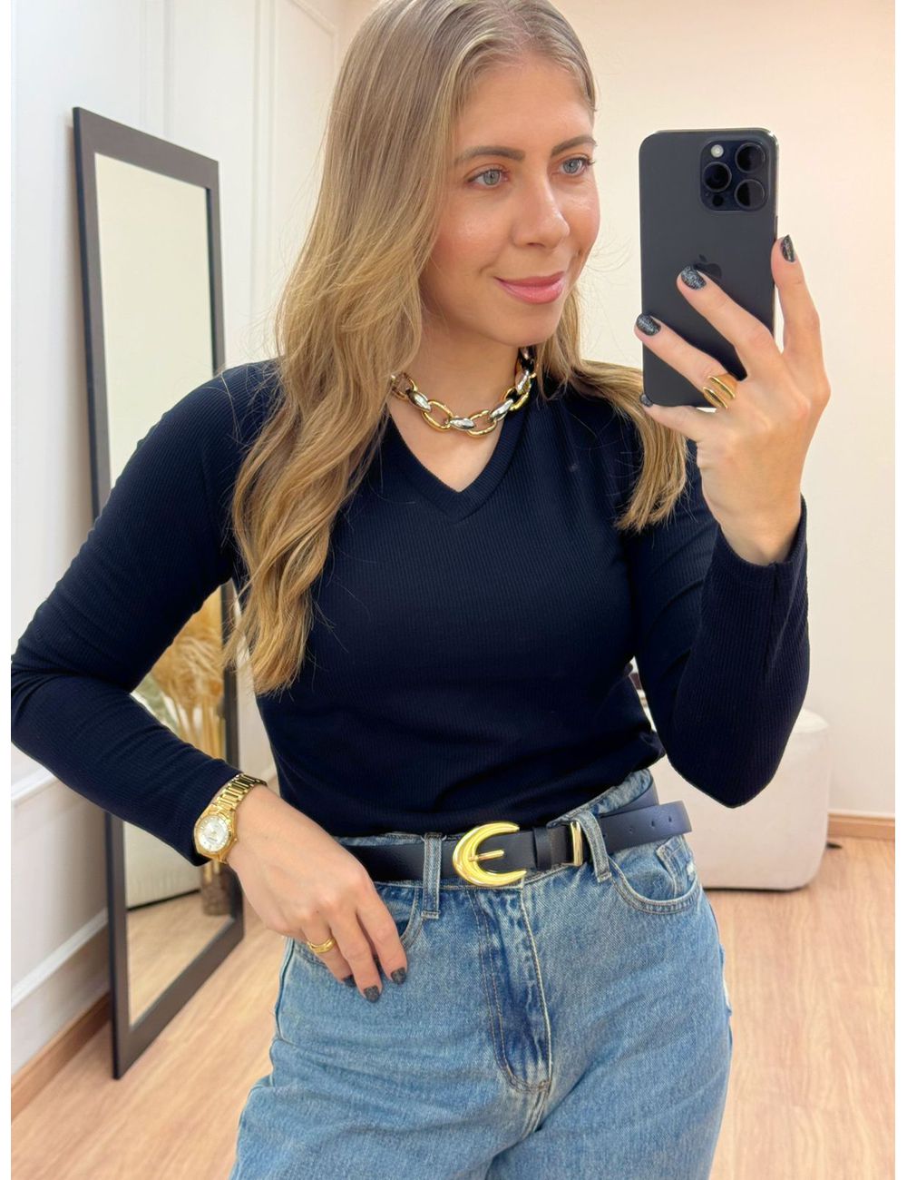 Blusa Gola V Preta - Ana G Store