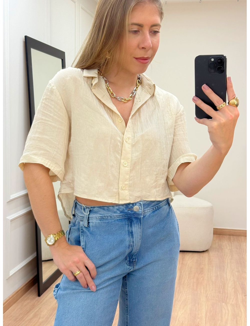 Camisa Cropped Amábile Bege - Ana G Store