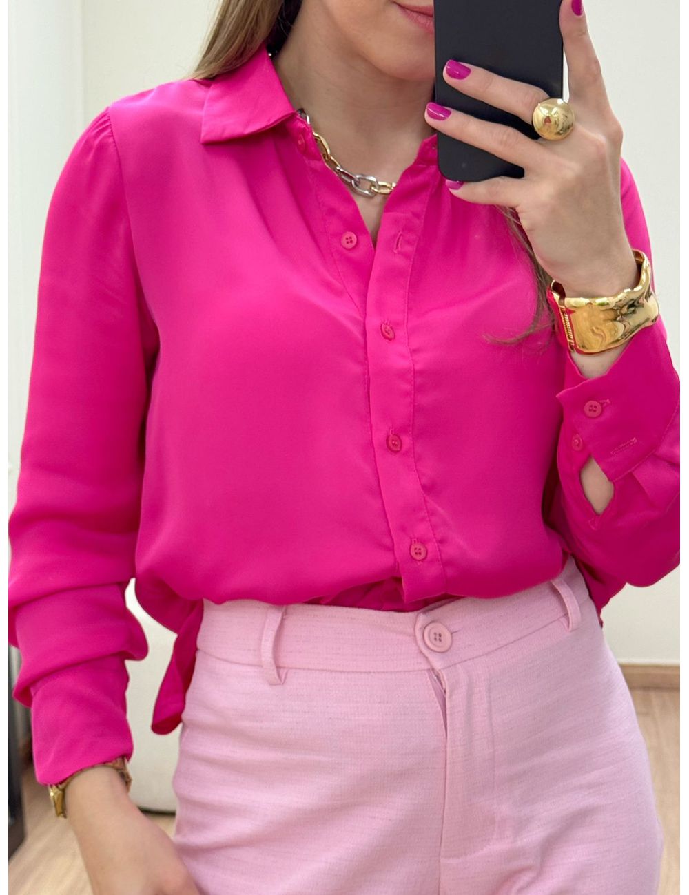 Camisa Acetinada Rosa - Ana G Store