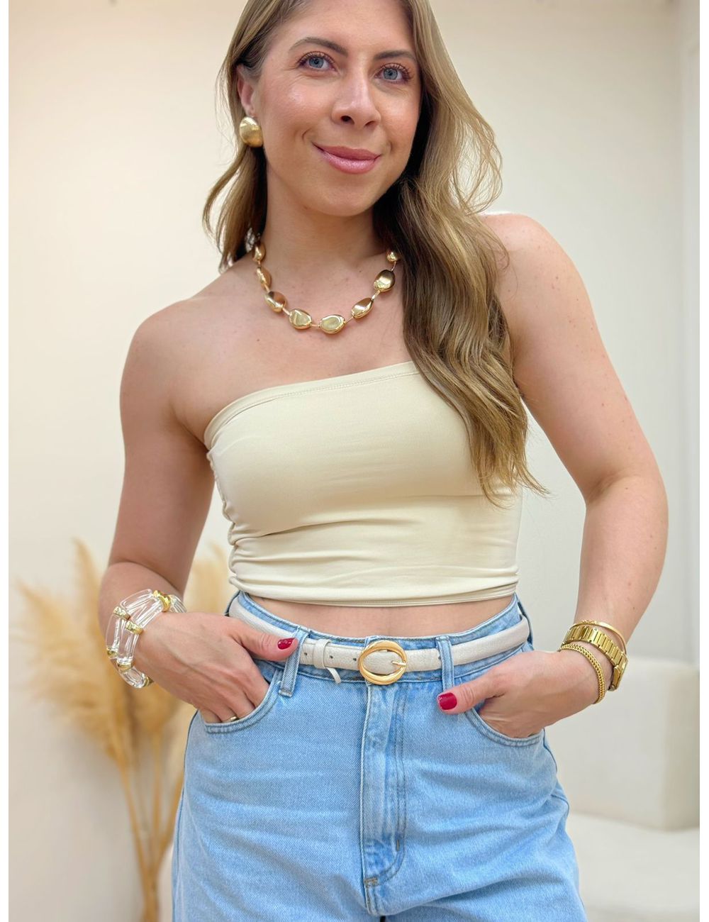 Top Faixa Poliamida Areia - Ana G Store