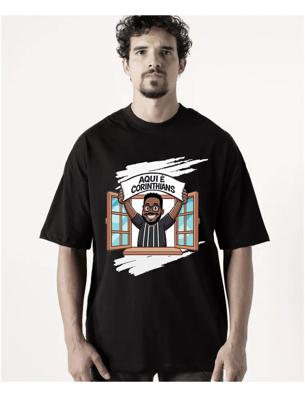 Camisa Oversized Aqui é Corinthians Preta - Loja Fanzo