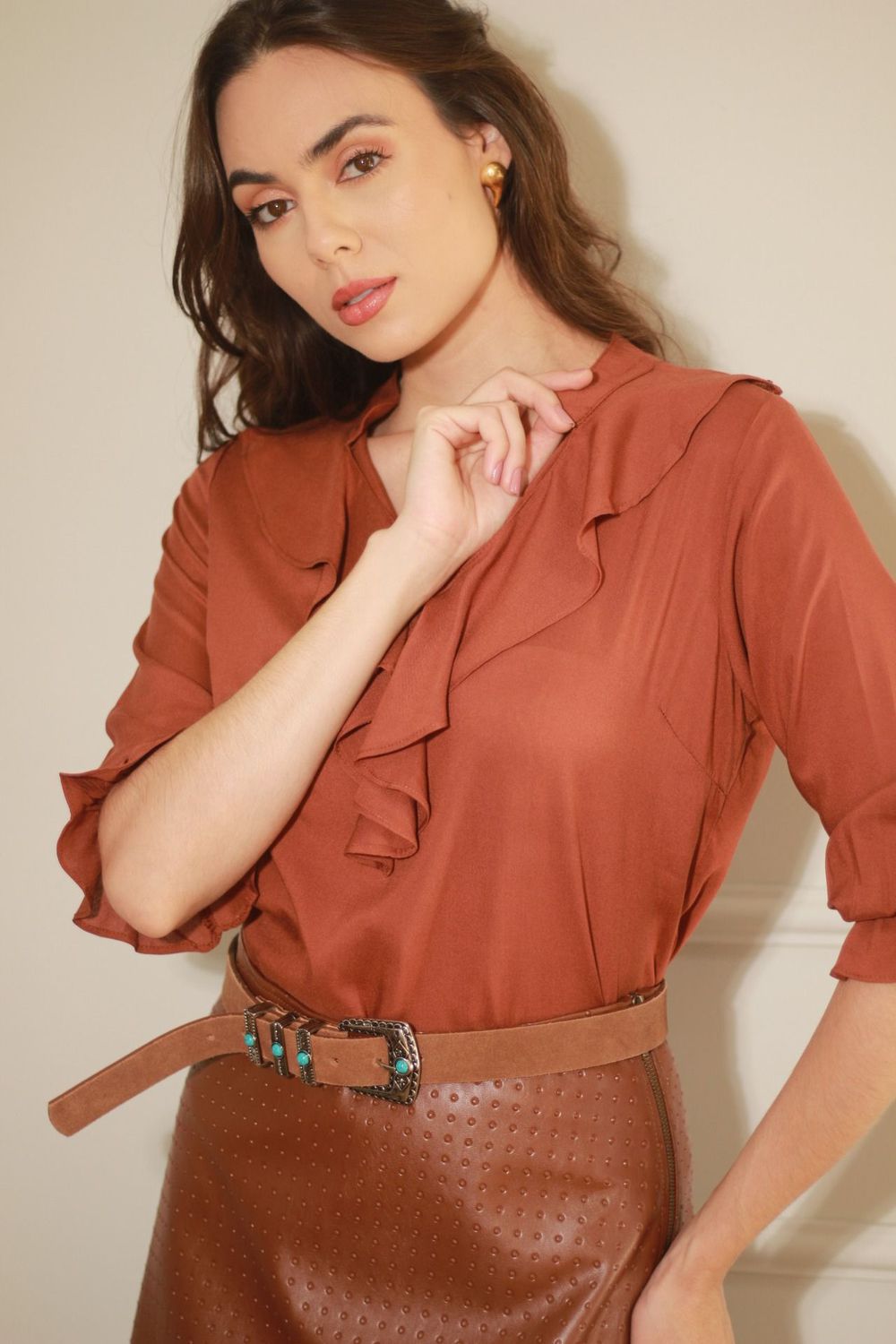 Blusa Babados Viscose - Marrom