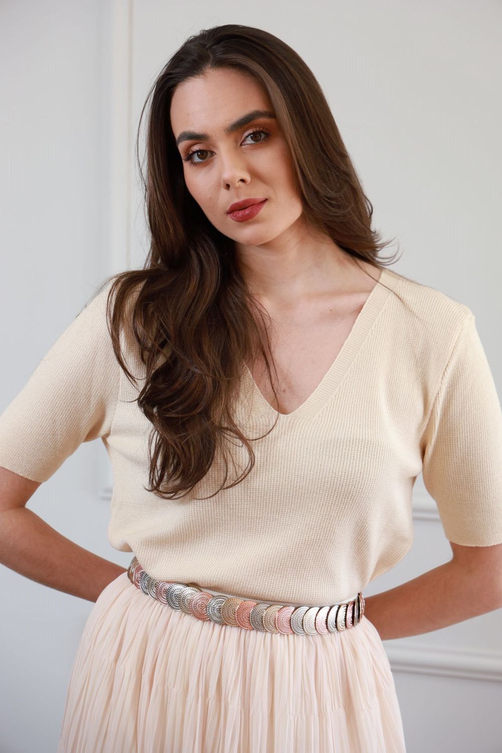 Blusa Tricot dec V - Bege