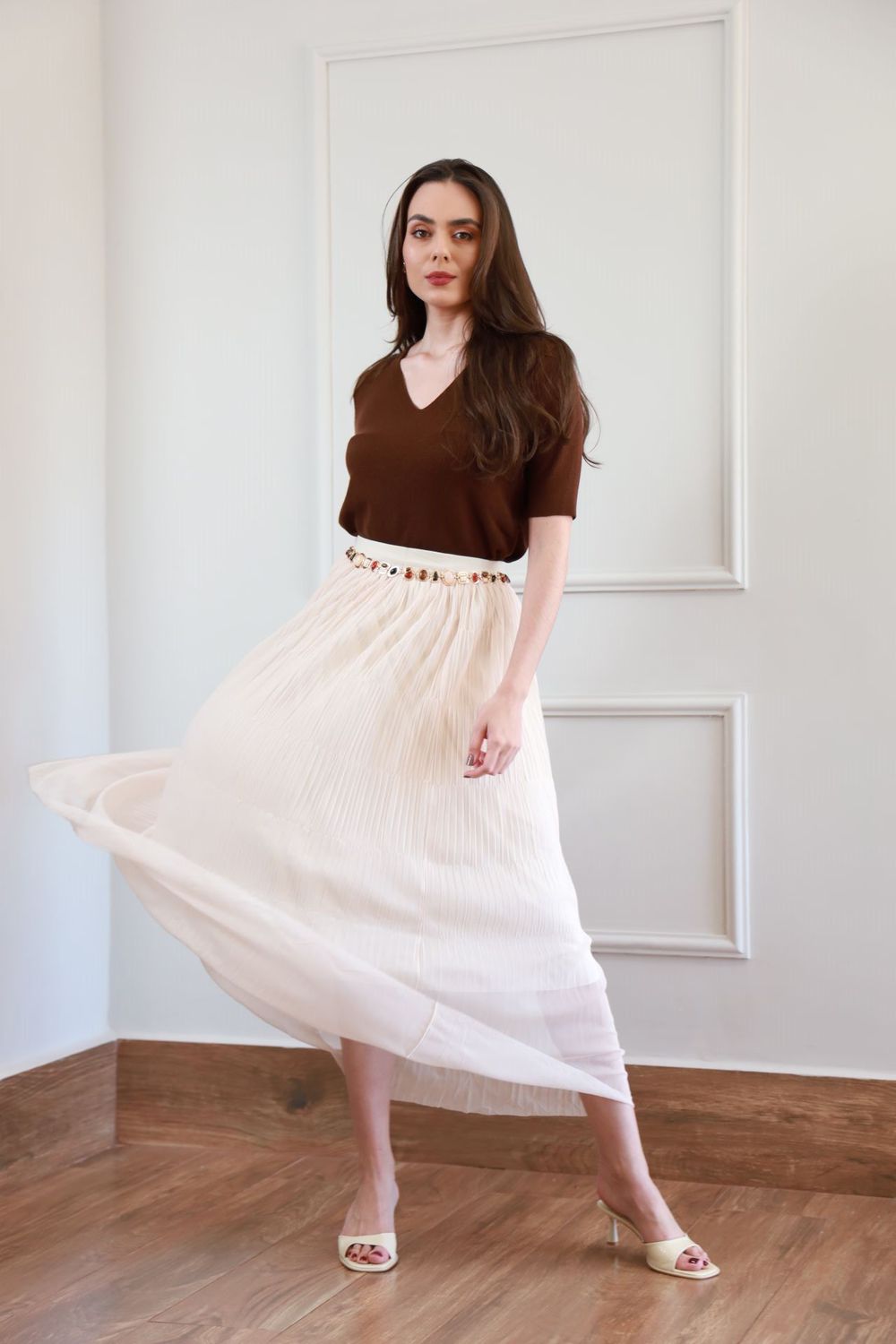 Saia Tule Plissada -Creme