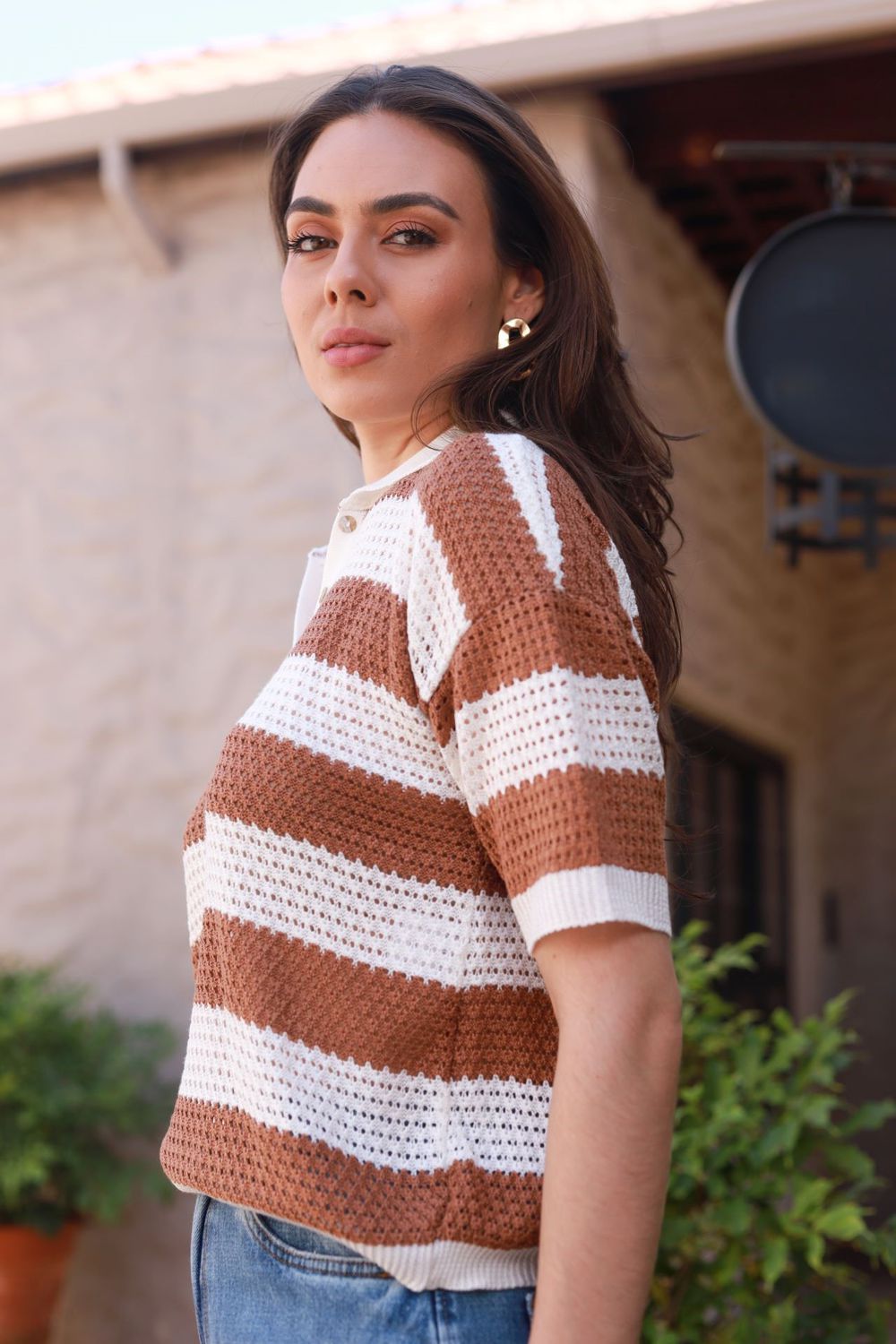 Blusa Tricot Listras - Caramelo