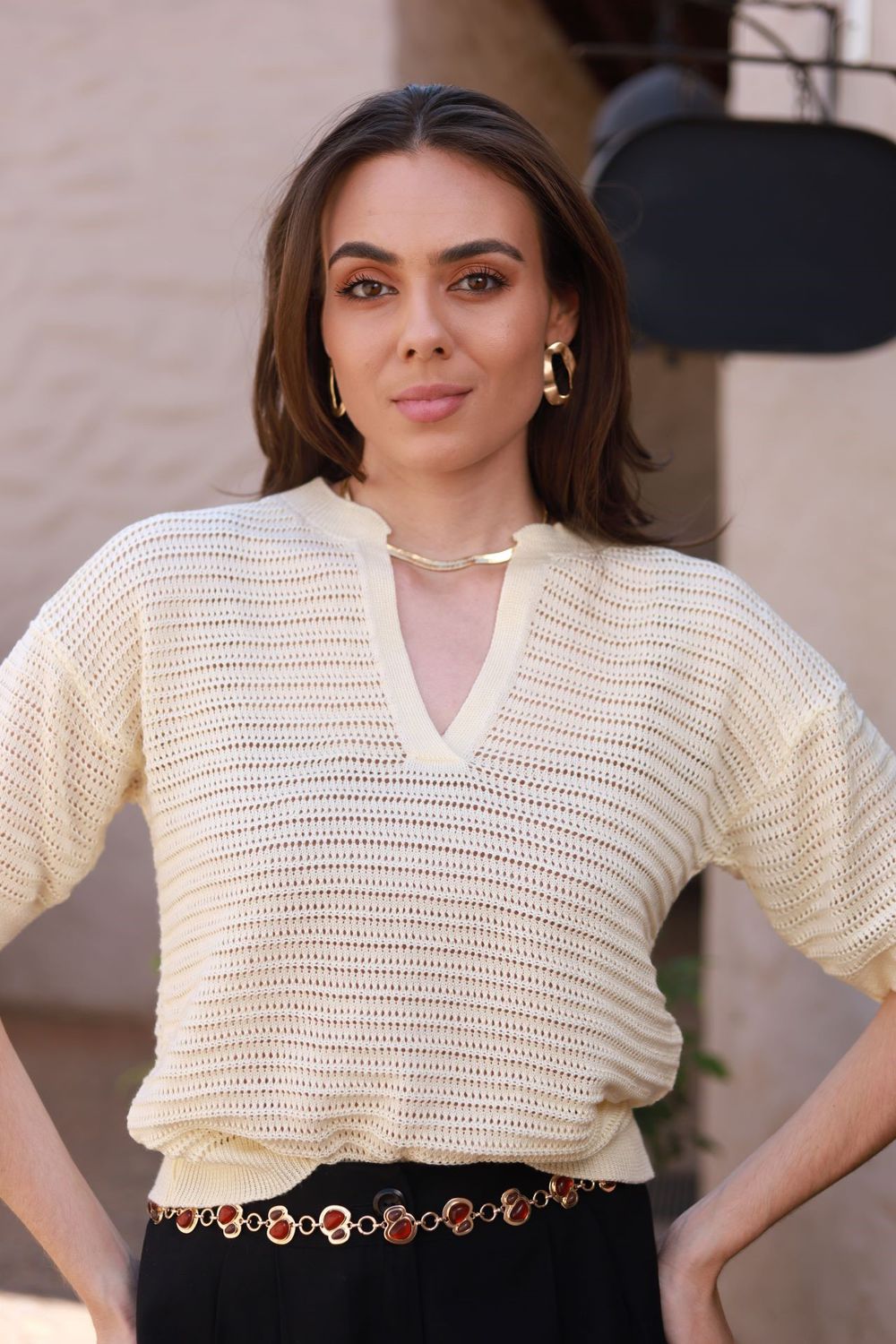 Blusa Tricot Rendada - Manteiga
