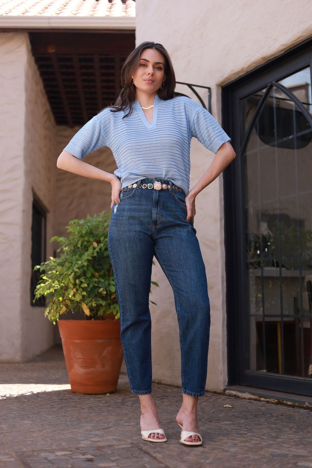 Blusa Tricot Rendada - Azul