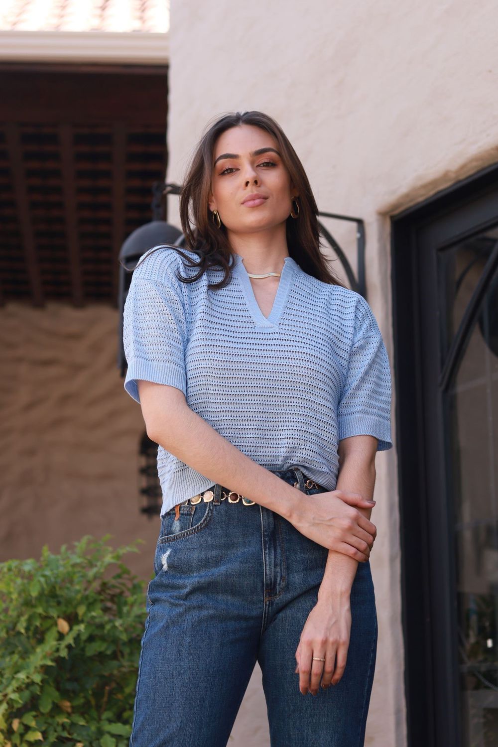 Blusa Tricot Rendada - Azul