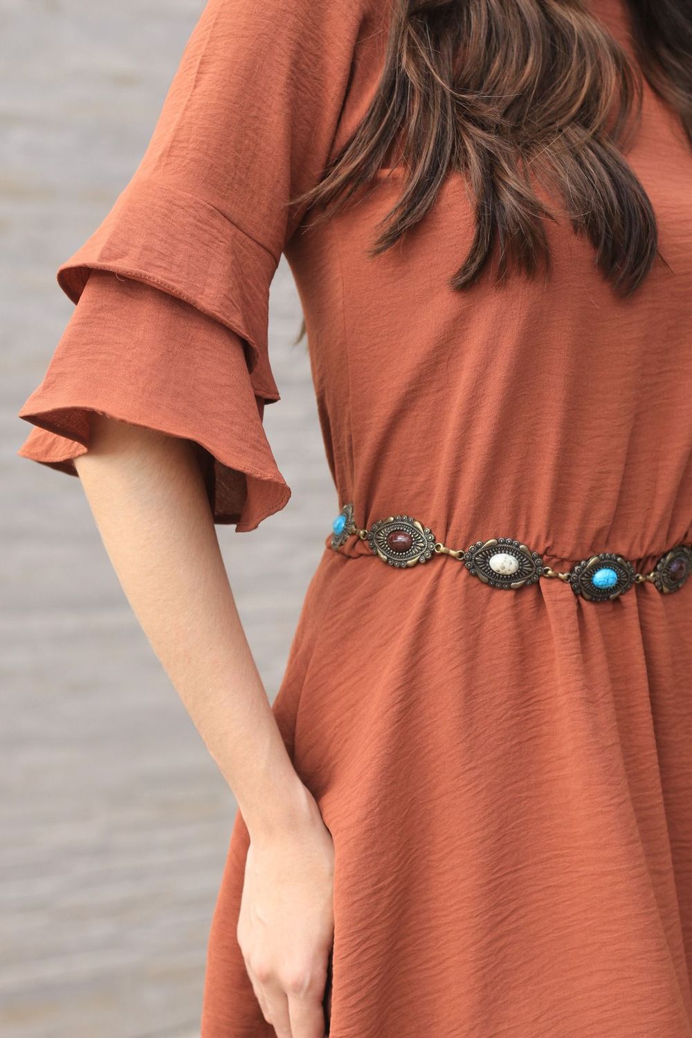 Vestido Babados Manga - Marrom