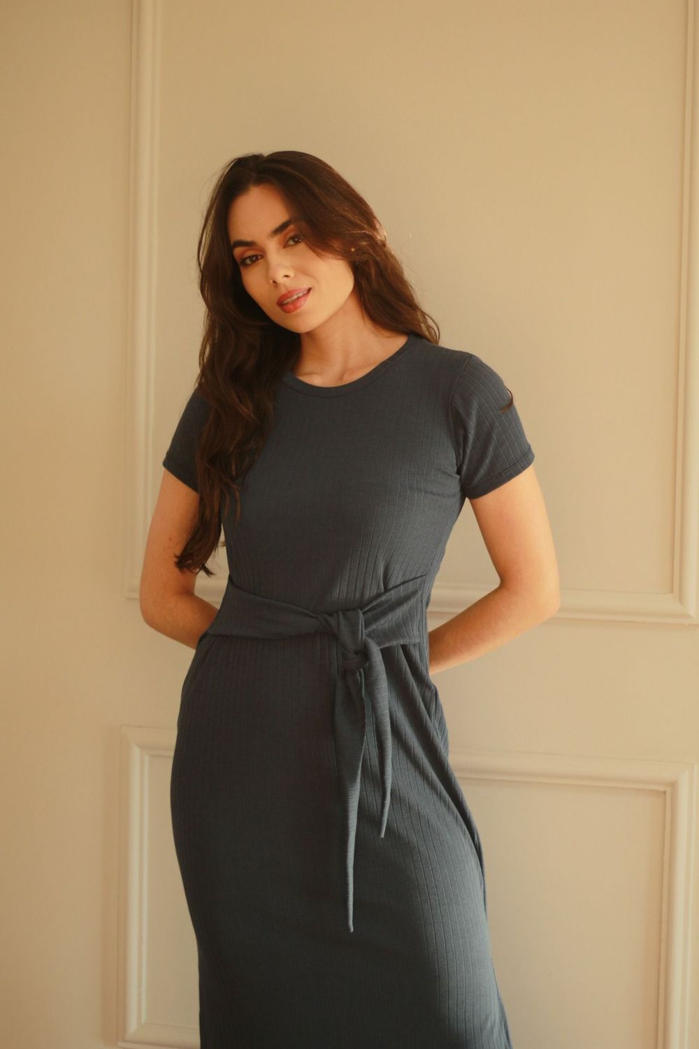 Vestido Canelado Faixa - Azul