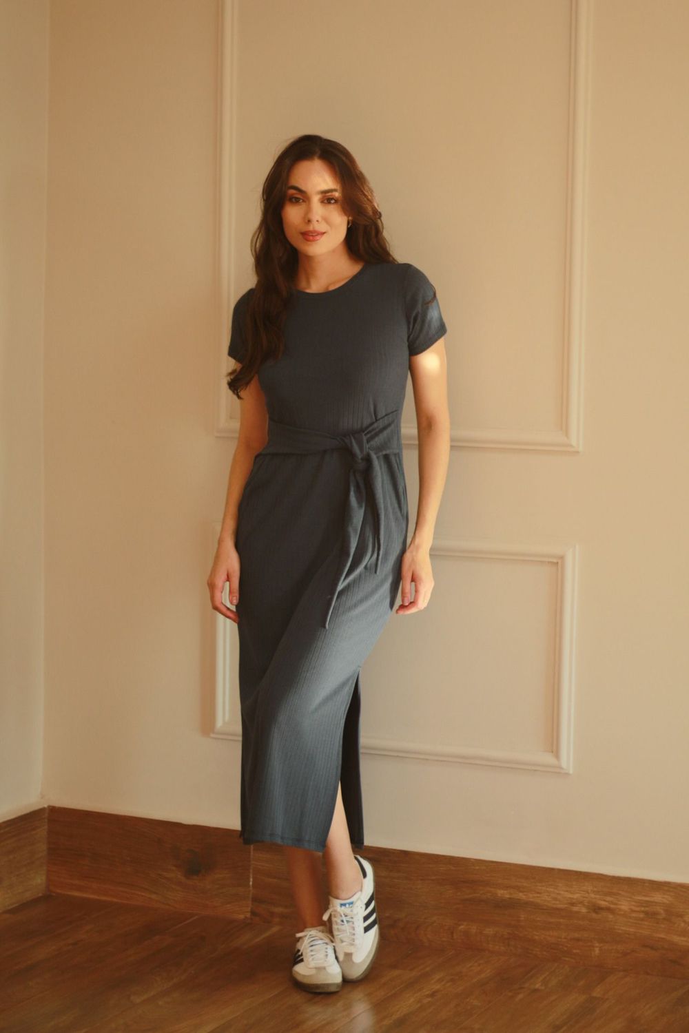 Vestido Canelado Faixa - Azul